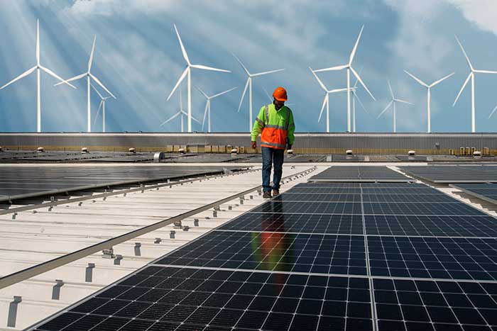 Environment engineer inspects solar panels