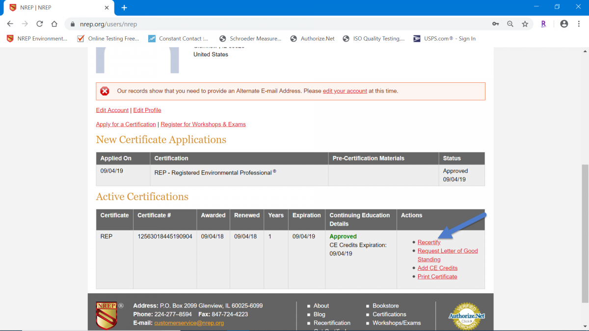 Locate the certification under Active Certifications